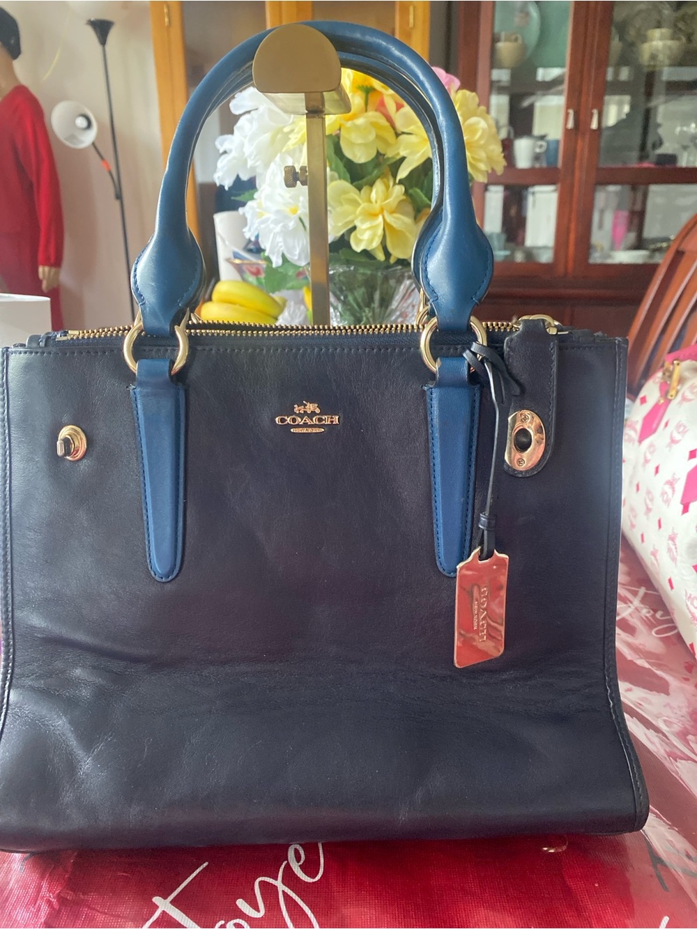 Coach Black Satchel with Blue Handles and Gold Hardware